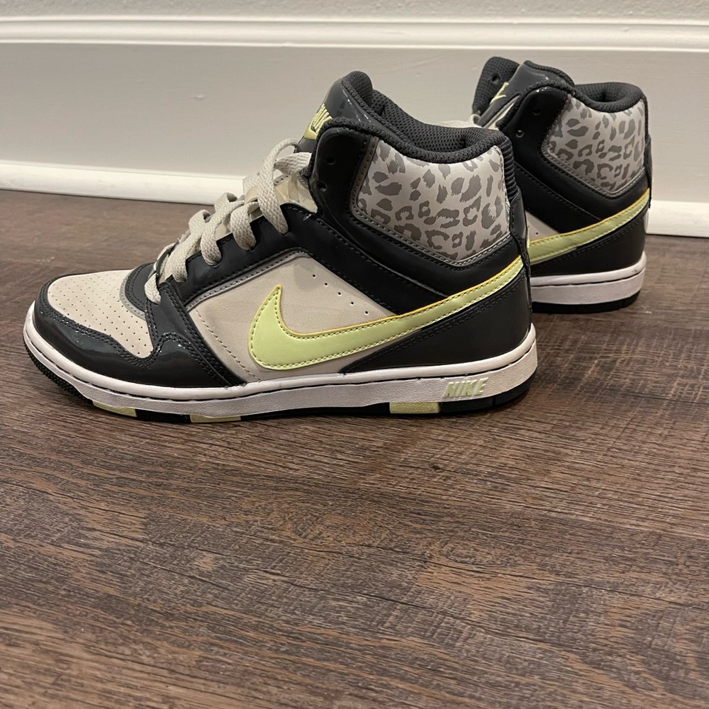 White grey cheetah Nike dunk high tops